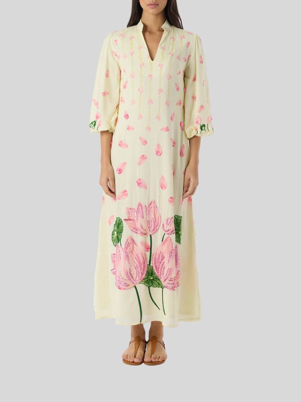 NEW VERANDAH hand beaded blooming lotus midi dress in ivory